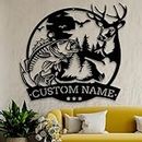 YOOSHINING Personalized Deer Fishing Sunset Metal Wall Art Mens Birthday Gifts, Outdoor Hunting Decor Custom Hunters Name Sign Elk Antler Rustic Cabin Home Lodge Decor Hunting Gifts for Men 12 inch