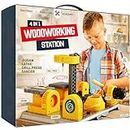 4 in 1 Woodworking Station for Kids - Wood Building Projects Kit for Boys - Real Construction Tools Sets - Boy Tool Set - Gifts for Boy Age Year Old - Cool STEM Toys Kits Best Birthday Gift Ideas