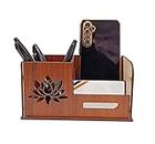 Krt Lotus Desgin Deskart Pen Stand, Business Visiting Card & Mobile Holder | Multipurpose Wooden Desk Organizer Pen And Pencil Holder Stand For Office Desk And Study Table
