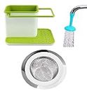 Inditradition 3 Pieces Kitchen Sink Organizer Combo Pack | Sink Soap, Brush Stand + Sink Drainer Strainer + 360° Rotating Water Saving Faucet Sprayer (Multi-Colour)
