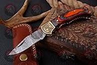 Orange and black Wood 6.5'' 100% Handmade Damascus Steel Folding Pocket Knife 100% Prime Quality