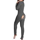 hengfeny Jumpsuits for Women, Womens Sexy Jumpsuit Bodycon Crotchless Buttoned Comfy Long Sleeve Pajamas One Piece Romper, Grey, Large