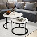 Luxsuite Round Nesting Coffee Table Set of 2 Bedside Stacking Faux Marble Look Accent Tables Soft Side Table Set Living Room Furniture White