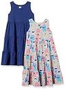 Amazon Essentials Girls' Knit Sleeveless Tiered Dresses (Previously Spotted Zebra), Pack of 2, Navy/Monsters, Medium
