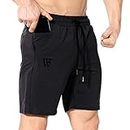 ZENWILL Mens Gym Running Shorts, Workout Athletic Bodybuilding Fitness Shorts with Zip Pockets (Large,Black)