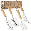 Kingswood Green 4Pcs Garden Tool Set with Wooden Handles, Trowel, Hand Transplanter, Weeder & Fork, made with Stainless Steel