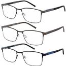 DJOLENSA 3 Pack Reading Glasses for Men, Blue Light Blocking Computer Readers, Metal Frame Spring Hinge Eyeglasses with Pouches, Anti Eyestrain/Glare/UV(250 Magnification Strength)