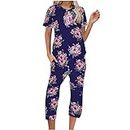 breaise Womens 2 Piece Floral Sets Soft Pajamas Night Wear V Neck Short Sleeve Tops Capri Pants Lounging Outfits Coupons and Promo Codes for Discount Today