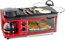 Nostalgia Retro 3-in-1 Family Size Electric Breakfast Station, Non Stick Die Cast Grill/Griddle, 4 Slice Toaster Oven, Coffee Maker, Red