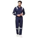FRENCH TERRAIN® Men's Cotton Industrial Boiler Suit Work WEAR Coverall with Reflective Tape, 210 GSM, 38 - M, Navy Blue.