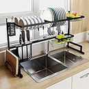 2 Tier Large Dish Drainer Over Sink Dish Drying Rack Stainless Steel Dish Holder Cutlery and Knife Rack Kitchen Sink Counter Storage Organiser 85x52x32cm
