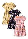 T2F Girl's Cotton A-Line Knee-Length Casual Dress (DRZ3P04_Yellow+Pink+Navy