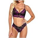 2 Pcs Sexy Lace Lingerie Set for Women See-Through Teddy Babydoll Mesh Bodysuit Kinky Nightgown for Sex Naughty Play 5, Purple, Small