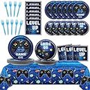 Video Game Party Supplies Tableware Set for 24 Guests Gaming Party Birthday Plates Blue Gamer Party Decorations Includes Plates, Napkins, Tablecloths