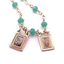 LESLIE BOULES Catholic Scapular Green Crystal Beads Chain Guadalupe & Archangel St. Michael Scapular