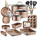 NutriChef Metallic Nonstick Ceramic Cookware and Bakeware Set with Saucepan, Frying Pans, Cooking Pots, Oven Pot, Lids, and Utensils, Bronze (20 Pack)