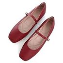 TN TANGNEST Leather Flats for Women Comfortable Square Toe Slip On Flats Soft Work Flats Retro Mary Jane Flats, F Red, 8
