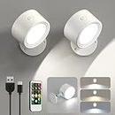 LED Wall Sconces 2 Pcs with Remote, Wall Mounted Lights Rechargeable Battery Operated, 3 Color Temperatures & Dimmable Wall Lamp Magnetic 360° Rotation Wireless Light for Bedroom Living Room
