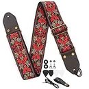 T Tersely Guitar Strap, Guitar Straps Adjustable Genuine Leather Ends Jacquard Weave Bass Strap for Acoustic/Electric/Guitars,(Multicolor stripes) (Retro Red Flower)