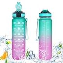 VECH Motivational Water Bottle with Time Markings 1L Leak-proof Design Fitness Drinking Bottle with Straw Portable Sports Drink Water Bottles for Travel Outdoor Sports Colorful Bottles (GreenPink)