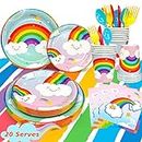 Rainbow Party Supplies,141pcs Rainbow Plates and Napkins Party Supplies Includ Rainbow Party Plates and Cups and Napkins Sets With Rainbow Tablecloth etc Rainbow Party Decorations for Girls Kids
