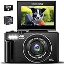 4K Digital Camera for Photography 64MP Auto-Focus Point and Shoot Digital Camera with 180° 3.0 inch Flip Screen 18X Zoom Vlogging Camera for YouTube Compact Video Camera with SD Card, 2 Batteries