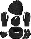 Liitrsh 6 Pcs Winter Warm Set Knitted Beanie Hat Scarf Touch Screen Gloves Earmuffs Stocking Facemask for Women Ski Running (Black), Black, One Size