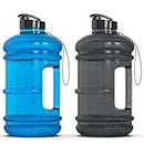 2 Pack Half Gallon Water Bottle 2.2L, 74OZ, Water Jug with Strap, Durable, BPA Free, Daily Water Intake, Gym, Fitness, Outdoors (Blue and Black)