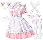 Anime French Maid Apron Lolita Fancy Dress Cosplay Costume Furry Cat Ear Gloves Socks Set, Pink, Small