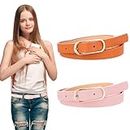 Andibro Adjustable Leather Waist Belt For Kids, Thin Waist Belt Skinny Leather Belts with Alloy Pin Buckle for Girls Boys(Pink + Camel)