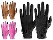 AFE All Day Horse Riding Gloves Ladies Dublin Track Fabric Shires Gloves Leather Equestrian Womens Gloves (Large, Black)