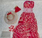 Clothing for Barbie: Long dress, red printed, with accessories. OOAK.
