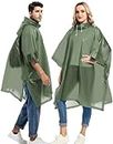 Borogo 2 Pack Rain Ponchos for Adults Reusable - Raincoats Survival Emergency Heavy Duty Rain Coat with Drawstring Hood Military Green