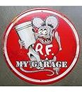 hotrodspirit - plaque decorative rat fink et piston my garage 30cm tole ronde kustom kulture
