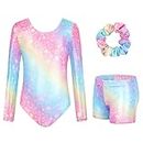 JiAmy Gymnastics Leotards for Girls, Sparkly Gymnastics Athletic Bodysuit Outfit with Shorts for Kids 3-12 Years