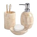 Ceramic 3 Piece Bath Accessory Set, Color Glazed Beige with Brushed Brown-Texture Surface, Lotion Pump-Tumbler-Soap Dish