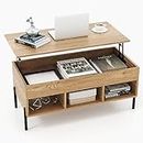 Giantex Lift Top Coffee Table, Rising Center Table with Large Hidden Compartment, Lifting Tabletop and 3 Open Cubbies, Cocktail Snack Table with Large Storage, Modern Living Room Table, Natural