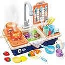 CUTE STONE Pretend Play Kitchen Sink Toys with Play Cooking Stove, Pot and Pan with Spray Realistic Light and Sound, Dish Rack & Play Cutting Food, Utensils Tableware Accessories for Toddlers Kids