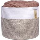 INDRESSME Large Cotton Rope Storage Basket - Woven Blanket Basket in Living Room Pillows Storage Bins with Handles for Toys Plant Basket Home Decor Warm Mix Brown White, 15.8"x15.8"x13.8"