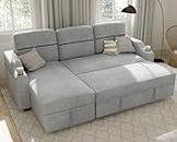Ucloveria Reversible Sectional Sofa Couch, Sleeper Sofa Bed with Storage Chaise Pull Out Couch Bed for Living Room | Hidden Stroge | Side Pocket | Sofa Cup Holder | Removable Backrest | Linen Fabric