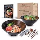 Ramen Bowl Set of 2, 1500ml Japanese Ceramic Noodle Bowls (with Spoons, Chopsticks Kits) for Soup, Cereal, Pasta, Pho, Udon, Mixing Salad & Snack, Home Warming Gift