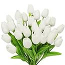 30pcs White Flowers Artificial Tulip Stems Real Feel PU Tulips for Easter Spring Wreath Wedding Bouquet Centerpiece Floral Arrangement Cemetery Table Décor 13" Tall