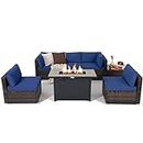 Tangkula 7 Piece Patio Furniture Set with Fire Pit Table, Includes 42 Inches 60,000 BTU Propane Rectangle Fire Pit Table and Protective Cover, Outdoor Cushioned Sectional Sofa Set for 5