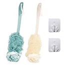 SKHAOVS 2 Pieces Back Brush Scrubber Shower Loofah for Men and Women Long Handle Bath Brush Shower Body Brushes with Bath Net Sponge Soft Mesh for Exfoliating and Removing Dead Skin (Blue and Beige)