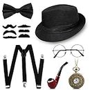 1920s Men's Accessories, 20s Gangster Costume, Men's Accessories Mafia Gatsby Costume Set, Panama Hat, Elastic Braces, Moustache and Pocket Watch Cigar