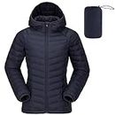 CAMELSPORTS Women's Down Jacket Hooded Windproof Puffer Coat Packable Warm Winter Jacket Lightweight Ladies Parka, A-blue, Medium