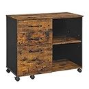 VASAGLE Lateral File Cabinet, Home Office Printer Stand, with 3 Drawers and Open Storage Shelves, for A4, Letter-Size Documents, Rustic Brown + Black