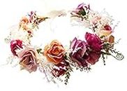 Vivivalue Boho Rose Flower Wreath Headband Crown Halo Floral Hair Garland Headpiece with Ribbon Festival Wedding Pink