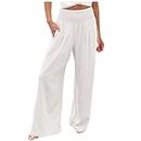 Women's Cotton Linen Summer Palazzo Pants Flowy Wide Leg Beach Trousers Smocked High Waisted Slacks with Pockets White