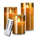 YMing LED Flameless Candles Battery Operated, Flickering Electric Candles with Timer & Remote Control Gold Glass Pillar Realistic Wick Flame Mode, Real Wax Moving Warm Light Candles 4" 5" 6" Set of 3